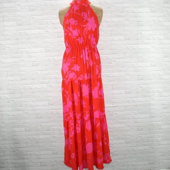 Dress Maxi Halter Floral Tiered Tropical Summer Sleeveless Orange Pink Small - Picture 1 of 15